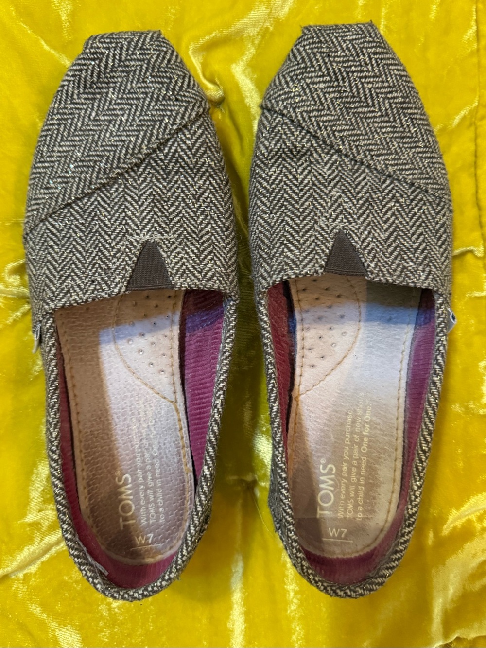 Toms - Herringbone. Brown with gold stitching throughout. SIZE 7